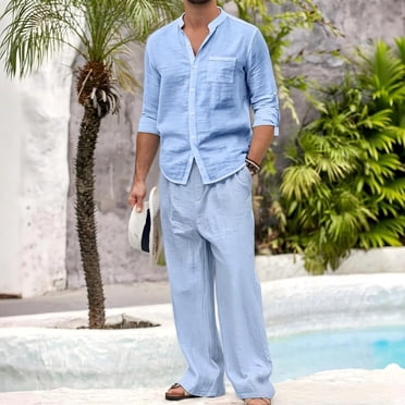 Spring Outfits Texture Men 2 Piece Linen Outfit Beach Button Down Shirt Casual Loose Pant Sets ...
