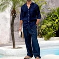 thumbnail image 1 of Gamivast Casual Mens Summer Outfit Stand Collar Button Down Shirt and Trousers Set Linen Texture Suit for Beach Wedding Vacation Daily Lounge Wear, 1 of 6