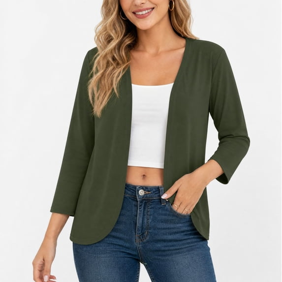 Gamivast Casual Open Front Jacket for Women 3/4 Sleeve Soft Knit Cardigan Lightweight Shrug Sweaters Flattering Dressy Tops Cover Up for Work Office Church Travel Green S