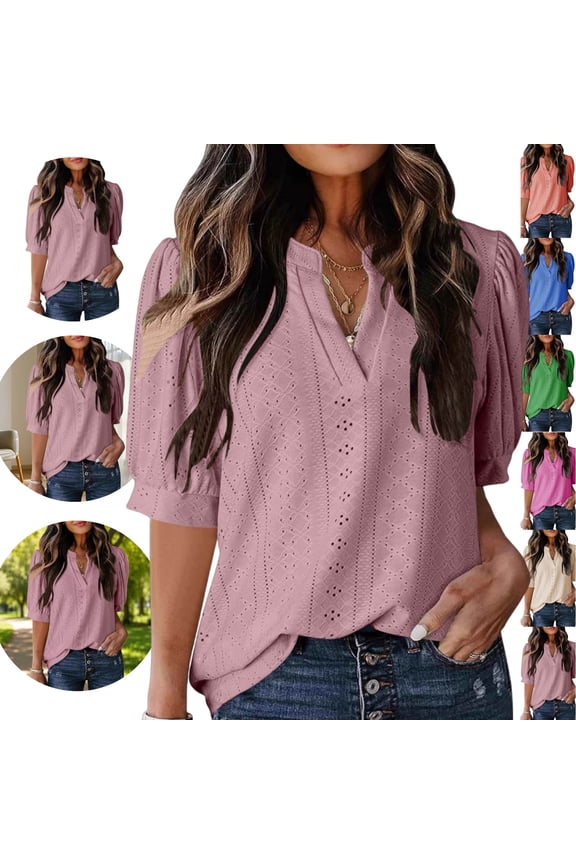 Casual Tops For Women Loose Split V-Neck Short Puff Sleeve Dressy Tops Summer Blouses Eyelet Hollow Out Embroidery Daily Wear