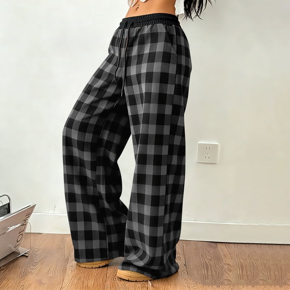 Gamivast Checkered Pants Women Loose Fit Elastic Drawstring Waist Plaid Print Lounge Pants Soft Breathable Wide Leg Lounge Pants Casual Pajama Outfits