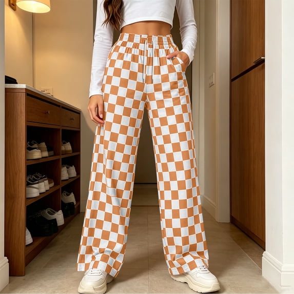 Gamivast Checkered Pants for Women Wide Leg Trousers with Pockets Elastic High Waisted Drawstring Lounge Pant