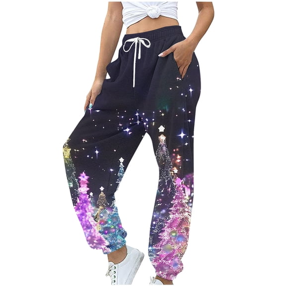Gamivast Christmas Pajama Pants Women Cute Printed Elastic Waist Pants with Pockets Casual Lounge Straight Leg Sweatpants Christmas Clothing Gifts for Family Members