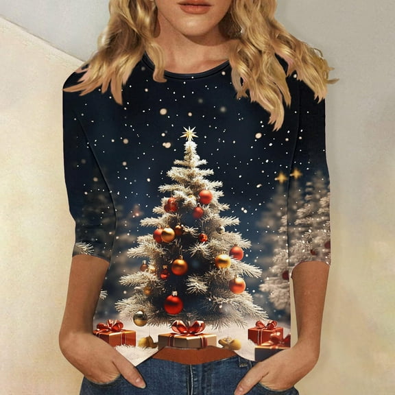 Gamivast Christmas Tops for Women Snowflake Trees Crew Neck Shirt 3/4 Sleeve Funny Xmas Graphic Tees Holiday Family Party Winter Pretty Tops Christmas Trendy Outfits