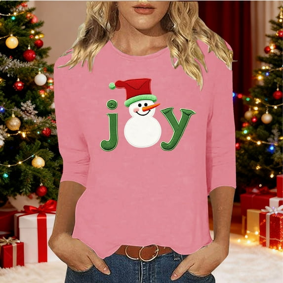 Gamivast Christmas Tunic Tops for Women Plus Size Round Neck 3/4 Sleeve Blouse Cute Snowman Trees Printed Holiday Pullover Merry Christmas Shirts Vacation Casual Tees Tops 5XL