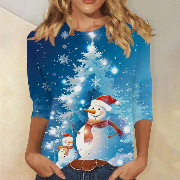 Gamivast Christmas Tunics for Women Casual 3/4 Sleeve Crew Neck Shirt Funny Holiday Snowman Trees Graphic Tee Xmas Party Pullover Outfits Fall Winter Loose Fitted Tops 5XL