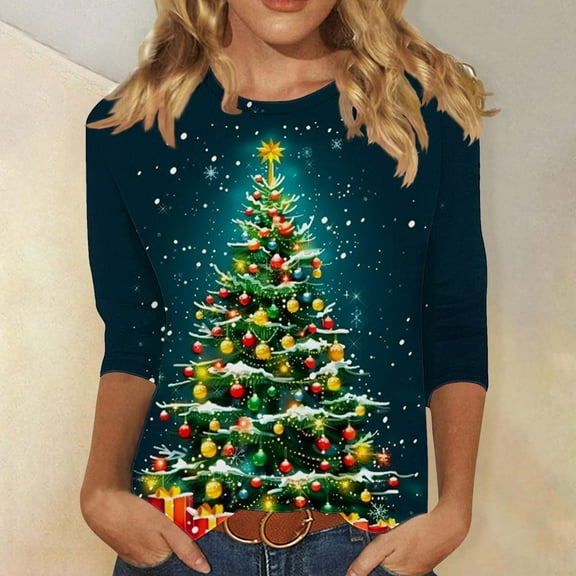 Gamivast Christmas Womens Tops Plus Size Round Neck Shirt Funny Xmas Holiday Trees Santa Graphic 3/4 Sleeve Tee Loose Winter Snowman Family Holiday T-Shirt Blouse 5XL