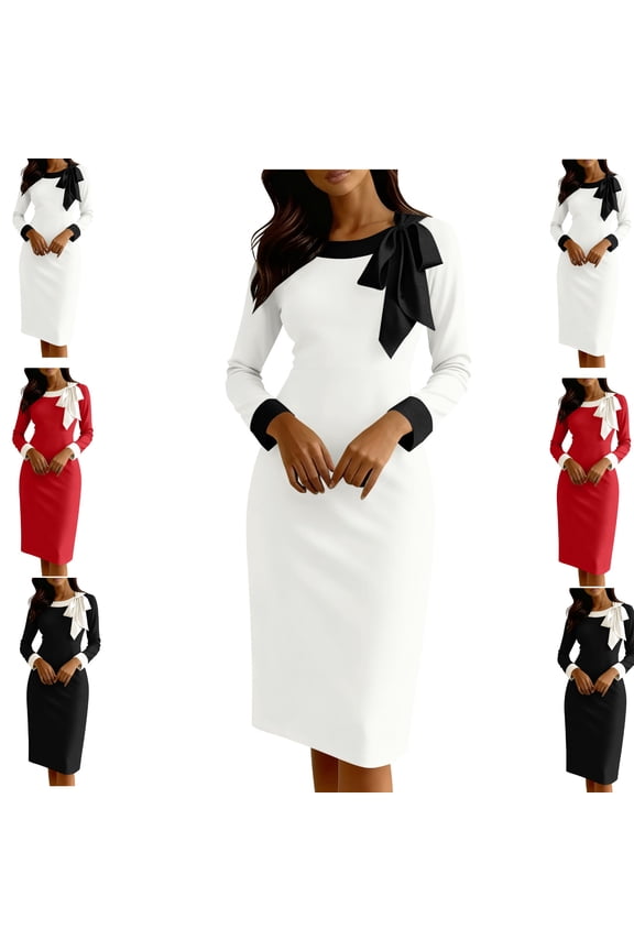 Classy Dresses for Women Long Sleeve Round Neck Bow Knot Work Dress Fitted Pencil Formal Dress Midi Business Casual Office Church Meeting