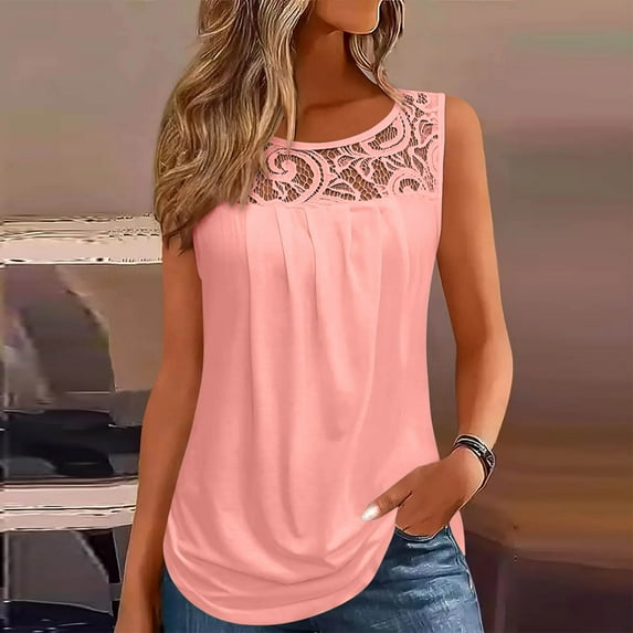 Gamivast Clothes Under $5.00 Summer Tank Tops for Women Loose Fit Pleated Tunics Crew Neck Sleeveless Lace Tops Curved Hem Flowy Shirts Pink S Placed by Me to be Delivered
