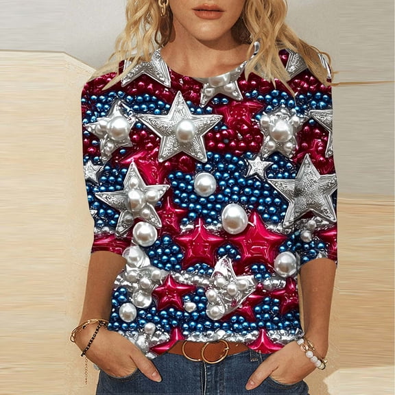 Gamivast Clothes Fourth of July Shirts For Women 3/4 Sleeve Summer Tops Flag Print T Shirt 4th of July Shirts 2025 Casual Tops Red XXXXXL My Recent Placed