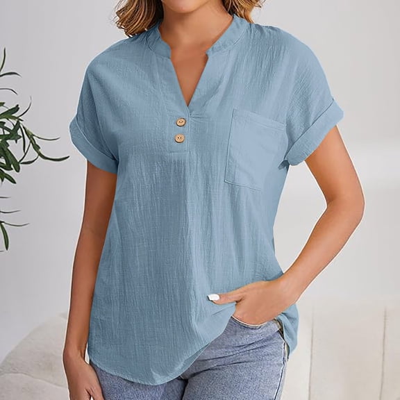 Gamivast Clothes Summer Tops For Women 2025 Trendy Short Sleeve Linen Shirt Casual Button V Neck Tunic Blouses Outfits Casual Work Blouse Tops Blue S My Recent Placed