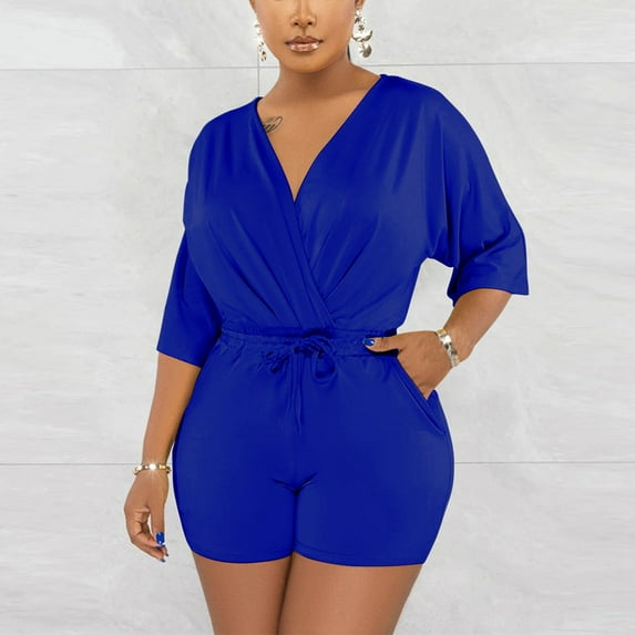 Gamivast Womens Clothing Sexy Jumpsuits for Women Party V-Neck Half Sleeve Jumpsuit 2 Piece Hight Waist Pant Set Hollow Out Rompers Blue L Placed Recently by Me Delivery Status