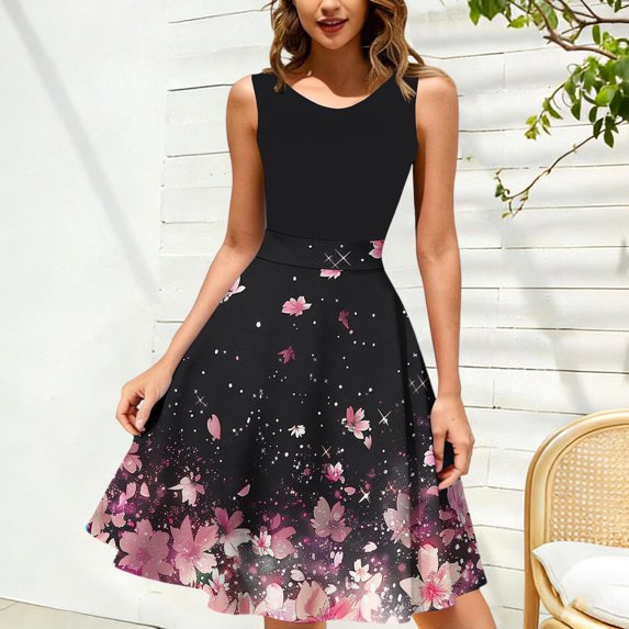 Gamivast Cocktail Dress for Women Sleeveless Midi Dress Round Neck A Line Dress Blue Floral Print Elegant Classy Party Evening Wedding Guest