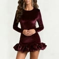 thumbnail image 1 of Gamivast Cocktail Dresses for Women Fitted Crew Neck Mini Dress Long Sleeve Party Dress Solid Velvet With Puffy Ruffle Hem for Night Out Club, 1 of 8