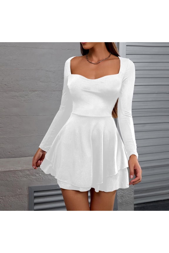 Cocktail Dresses for Women Long Sleeve Square Neck Solid Skater Dress Ruffle Hem Mini Dress Fit and Flare Party Club Night Out Date Night