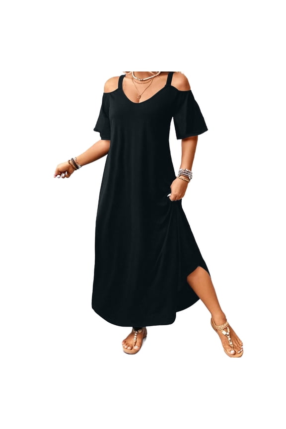 Cold Shoulder Dress for Women Short Sleeve V-Neck Casual Dresses Side Slit Loose Fit Maxi Dress Breathable Lightweight Sun Dress for Summer Cruise