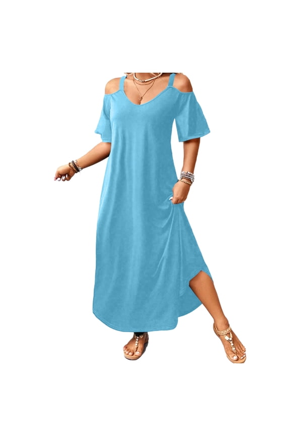 Cold Shoulder Dress for Women Short Sleeve V-Neck Casual Dresses Side Slit Loose Fit Maxi Dress Breathable Lightweight Sun Dress for Summer Cruise