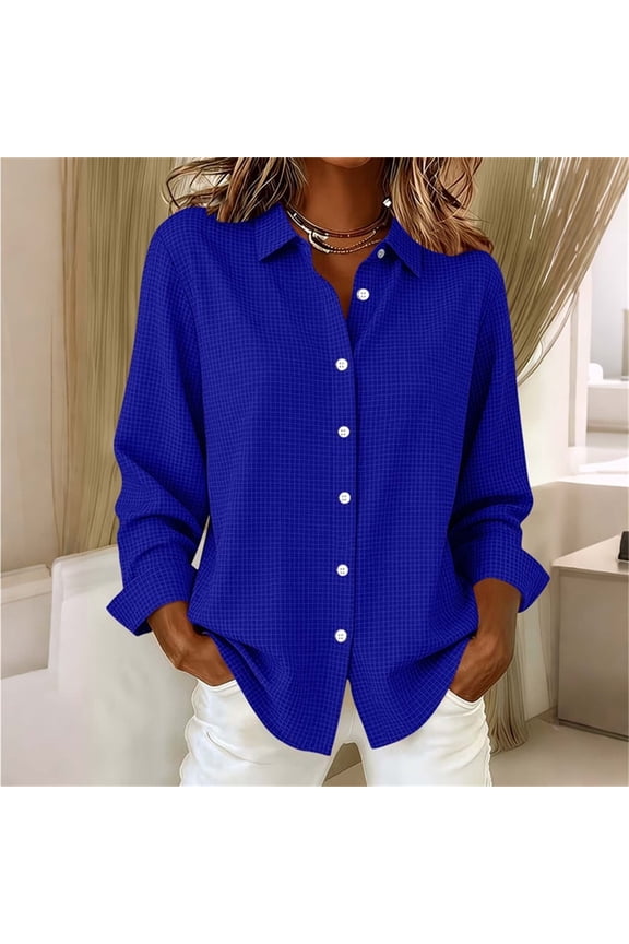Collared Work Blouses for Women Long Sleeve Button Down Shirts Casual Loose Fit Plaid Checkered Tunic Tops Fall Fashion Everyday Wear Basic Tees Clothing