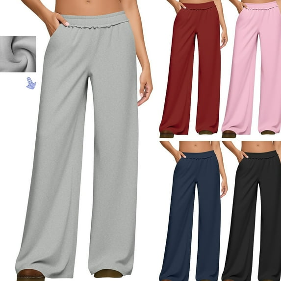 Gamivast Comfortable Knit Ribbed Pants for Women Winter Warm Elastic Waist Trousers with Pockets Casual Work Wide Leg Sweatpants Outdoor Solid Color Jogger