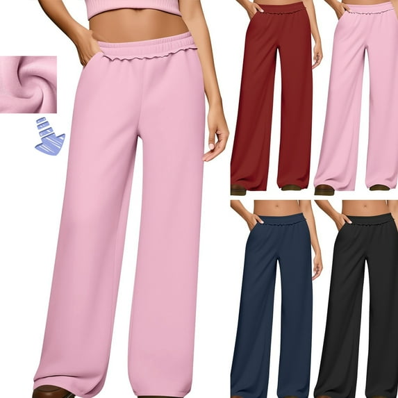 Gamivast Comfortable Knit Ribbed Pants for Women Winter Warm Elastic Waist Trousers with Pockets Casual Work Wide Leg Sweatpants Outdoor Solid Color Jogger