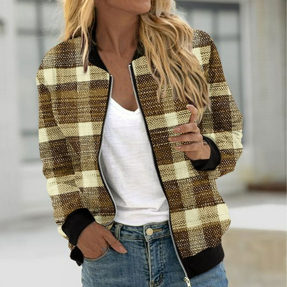 Gamivast Comfy Plaid Jackets For Women Casual Soft Zip Up Long Sleeve Crew Neck Sweatshirts With Pockets Fall Fashion Loose Outwear Work Office Coats