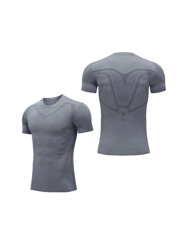 Compression T-Shirt for Men Athletic Short Sleeve Fitness Base Layer Moisture Wicking Gym Workout Performance Tees Quick Dry Sports Training Tops Gray XXL