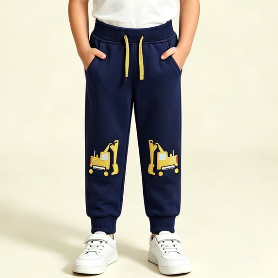Gamivast Construction Vehicle Jogger Pants for Boys Excavator Embroidered Sweatpants Elastic Waist Drawstring with Pockets Cuffed Casual Bottoms for School Play Travel and Everyday Navy 4-5 Years