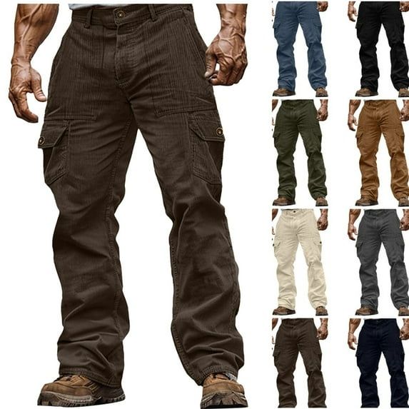 Gamivast Corduroy Pants Men Loose Straight Leg Cargo Sweatpants with Multiple Pockets Work Business Button Pant Hiking Workout Solid Activewear Sweatpants