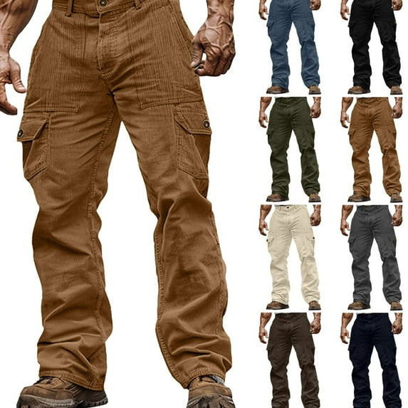Gamivast Corduroy Pants Men Loose Straight Leg Cargo Sweatpants with Multiple Pockets Work Business Button Pant Hiking Workout Solid Activewear Sweatpants