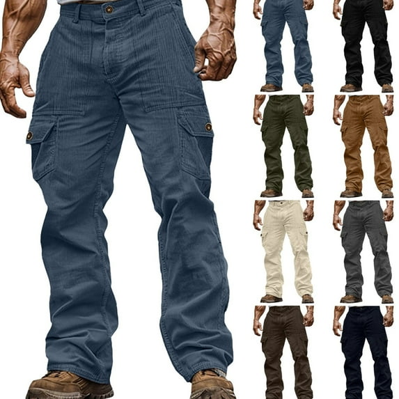 Gamivast Corduroy Pants Men Loose Straight Leg Cargo Sweatpants with Multiple Pockets Work Business Button Pant Hiking Workout Solid Activewear Sweatpants