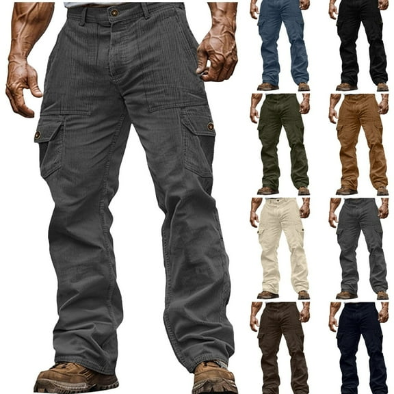 Gamivast Corduroy Pants Men Loose Straight Leg Cargo Sweatpants with Multiple Pockets Work Business Button Pant Hiking Workout Solid Activewear Sweatpants