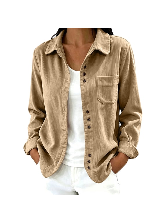 Corduroy Shirts for Women-Long Sleeve Button Down Shirts Fall Shacket Jackets with Pockets Khaki S