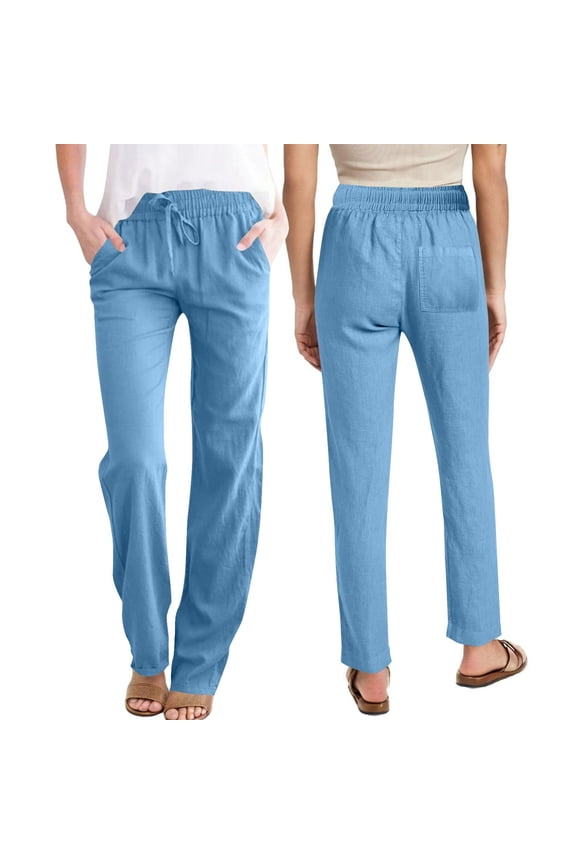 Cotton Linen Pants Women Summer Elastic Waist Drawstring Wide Leg Pants Relax Comfy Straight Leg Pants Solid Color Casual Beach Pants Blue S Pantalones Capri Para Mujer
