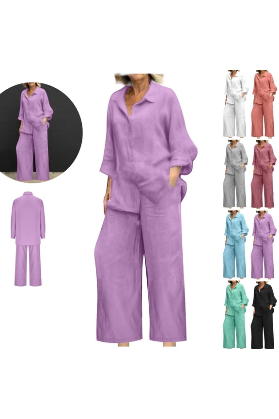 Cotton Linen Pants for Women Casual 2 Piece Outfit Long Sleeve Button Down Shirt And Wide Leg Trousers Set Lounge Wear for Vacation