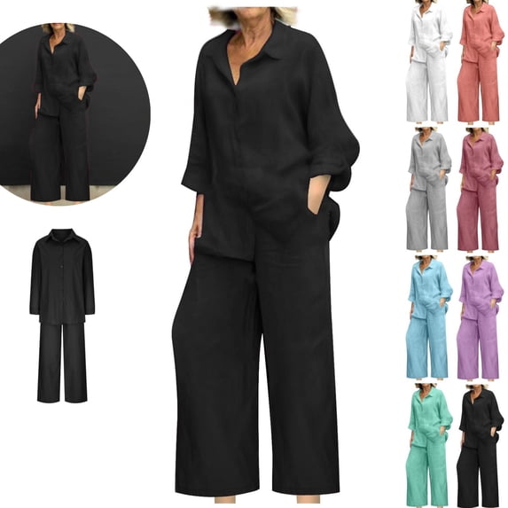 Gamivast Cotton Linen Pants for Women Casual 2 Piece Outfit Long Sleeve Button Down Shirt And Wide Leg Trousers Set Lounge Wear for Vacation