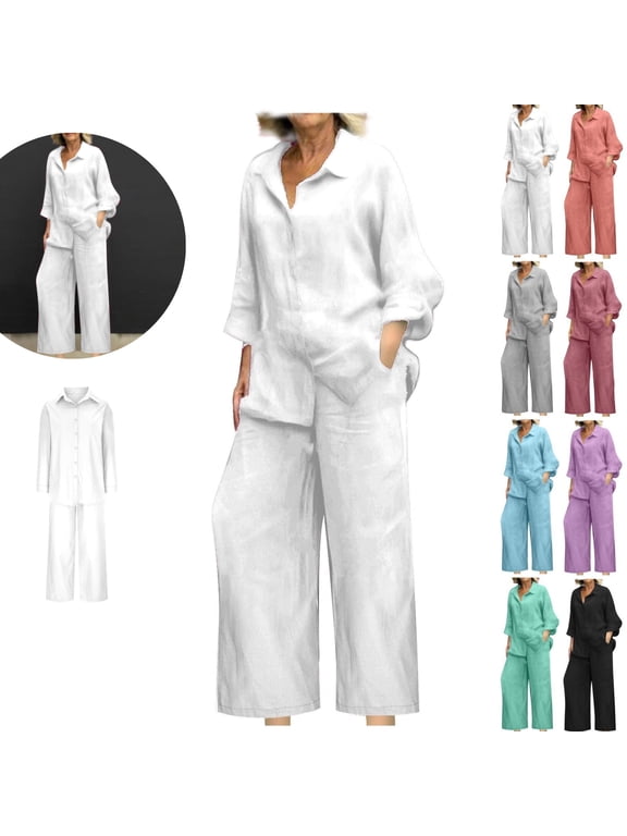 Cotton Linen Pants for Women Casual 2 Piece Outfit Long Sleeve Button Down Shirt And Wide Leg Trousers Set Lounge Wear for Vacation