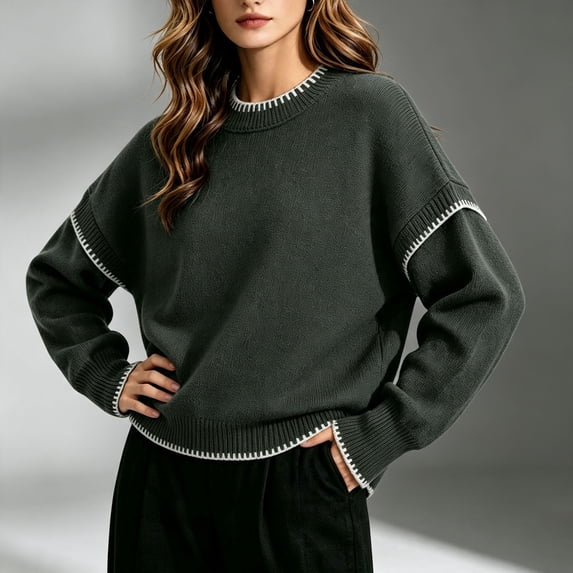 Gamivast Crewneck Knit Sweater for Women Long Sleeve Pullover Tops Casual Loose Fit Chunky Jumper with Contrast Stitching Detail Fall Winter Fashion Everyday Wear