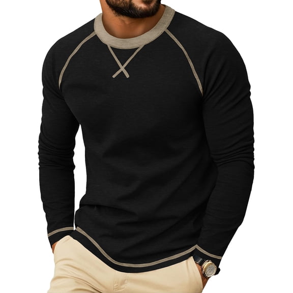 Gamivast Crewneck Long Sleeve Shirt for Men Soft Lightweight Raglan Pullover Top with Contrast Stitching Regular Fit Casual Daily Wear for Work Travel Outdoor Spring and Fall Black S