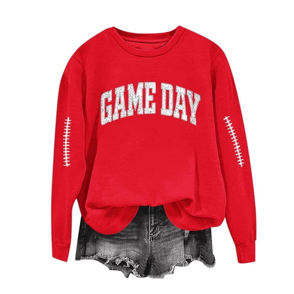 Gamivast Crewneck Sweatshirts Women Game Day Football Stitched Oversized Chiefs Shirts Long Sleeve Drop Shoulder Crewneck Pullover Funny Superbowl Outfits