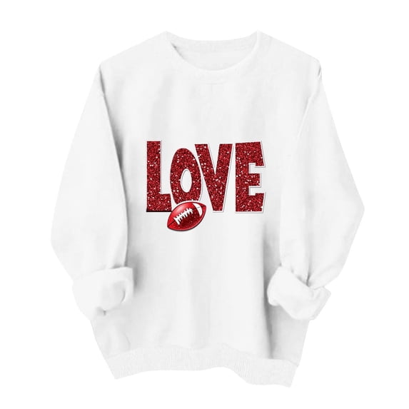 Gamivast Crewneck Sweatshirts Women Sparkly Love Football Print Crew Neck Long Sleeve Pullover Tops Casual Daily Athletic Workout Outfits