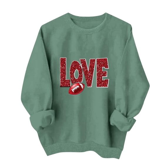 Gamivast Crewneck Sweatshirts Women Sparkly Love Football Print Crew Neck Long Sleeve Pullover Tops Casual Daily Athletic Workout Outfits