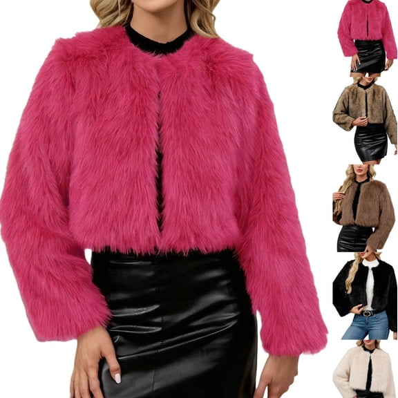 Gamivast Cropped Faux Fur Coat Women Open Front Crewneck Long Sleeve Warm Fleece Jackets Loose Casual One Button Outerwear Winter Fashion Thermal Clothes