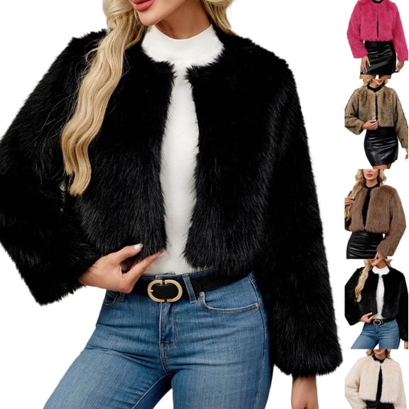 Gamivast Cropped Faux Fur Coat Women Open Front Crewneck Long Sleeve Warm Fleece Jackets Loose Casual One Button Outerwear Winter Fashion Thermal Clothes