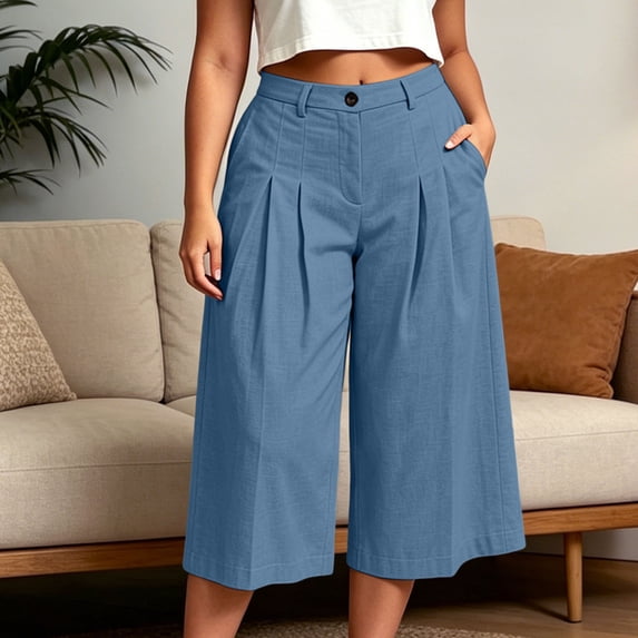 Gamivast Cropped Pants for Women Plus Size Wide Leg Casual High Waisted Pleated Capris with Pockets Culottes Pants for Office Work Wear