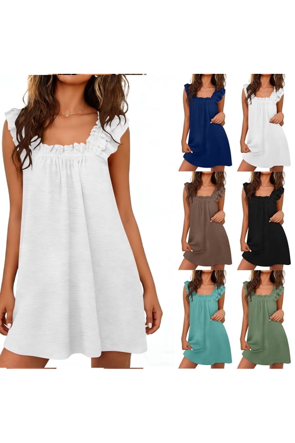 Cute Dresses for Women Ruffle Sleeve Square Neck Textured Babydoll Dress Loose Fit Solid Mini Dress Short Summer Beach Club Party Night Out