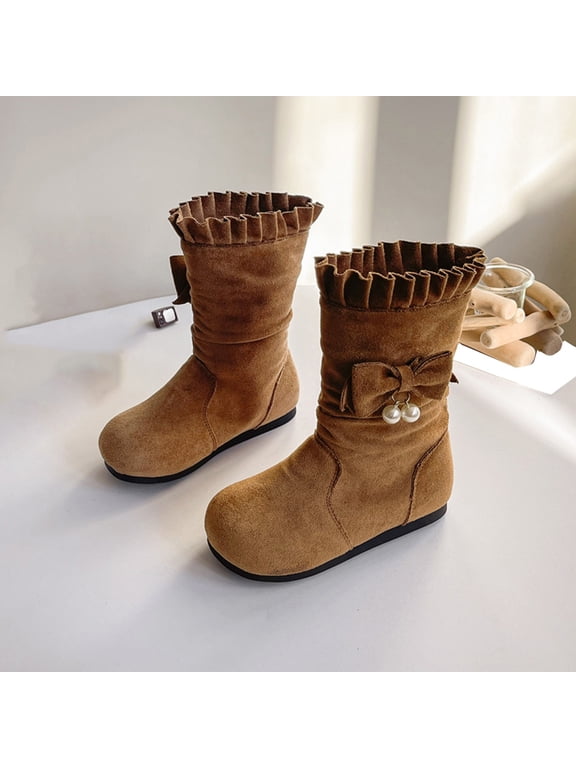 Cute Flat Ankle Booties for Girls Faux Suede Short Boots with Ruffle Trim Elegant Bowknot And Pearl Pendant Details Sweet Casual Fall Winter Footwear