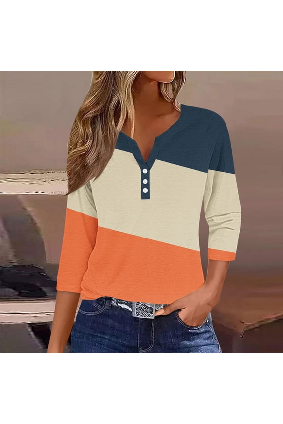 Cute Tops for Women Floral Graphic V Neck Summer Blouses 3/4 Sleeve Spring Tops Rose Flower Pattern Button Down Vacation Daily Wear