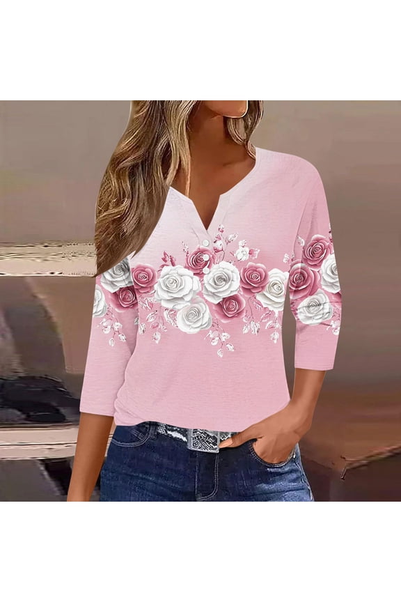 Cute Tops for Women Floral Graphic V Neck Summer Blouses 3/4 Sleeve Spring Tops Rose Flower Pattern Button Down Vacation Daily Wear