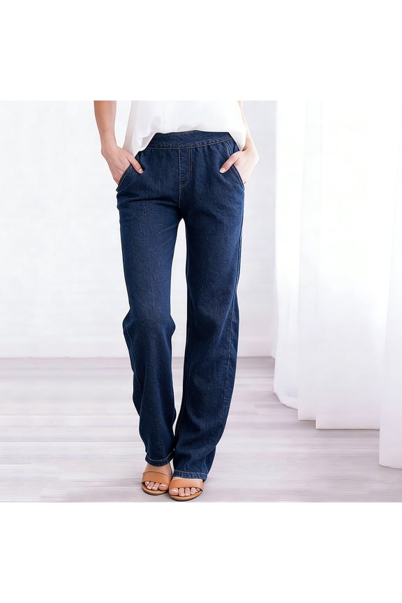 Denim Jeans for Women High Waisted Trendy Straight Leg Pants Stretchy Flare Pull on Loose Fitted Jean with Pockets Casual Clothing