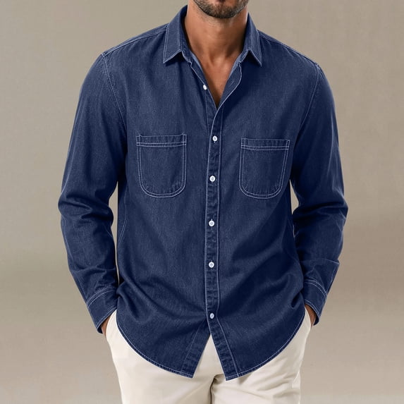 Gamivast Denim Shirt for Men Button Down Long Sleeve Collared Relaxed Fit Casual Work Shirt with Dual Chest Pockets for Travel and Everyday Wear Blue XL